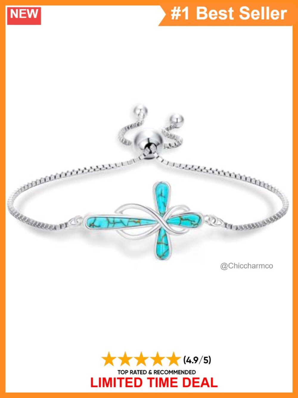 Genuine Turquoise Cross Bracelet 925 Sterling Silver Adjustable Chain